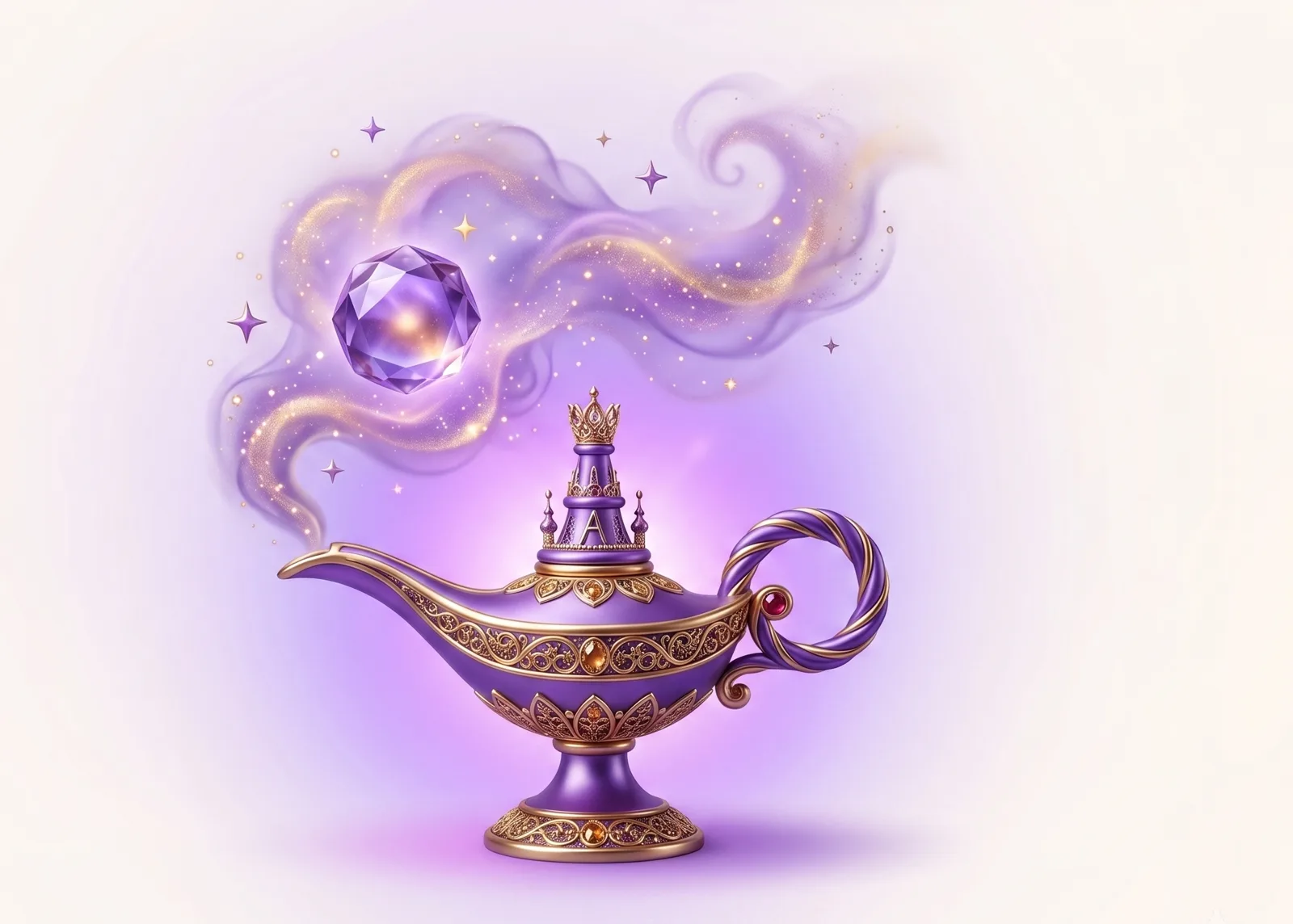 Ornate genie lamp with magical smoke rising from its spout