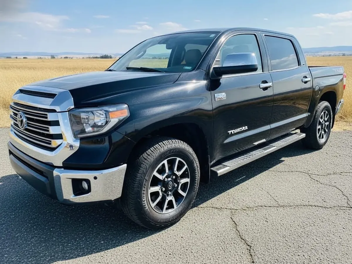 The same Tundra on an open prairie road, same angle